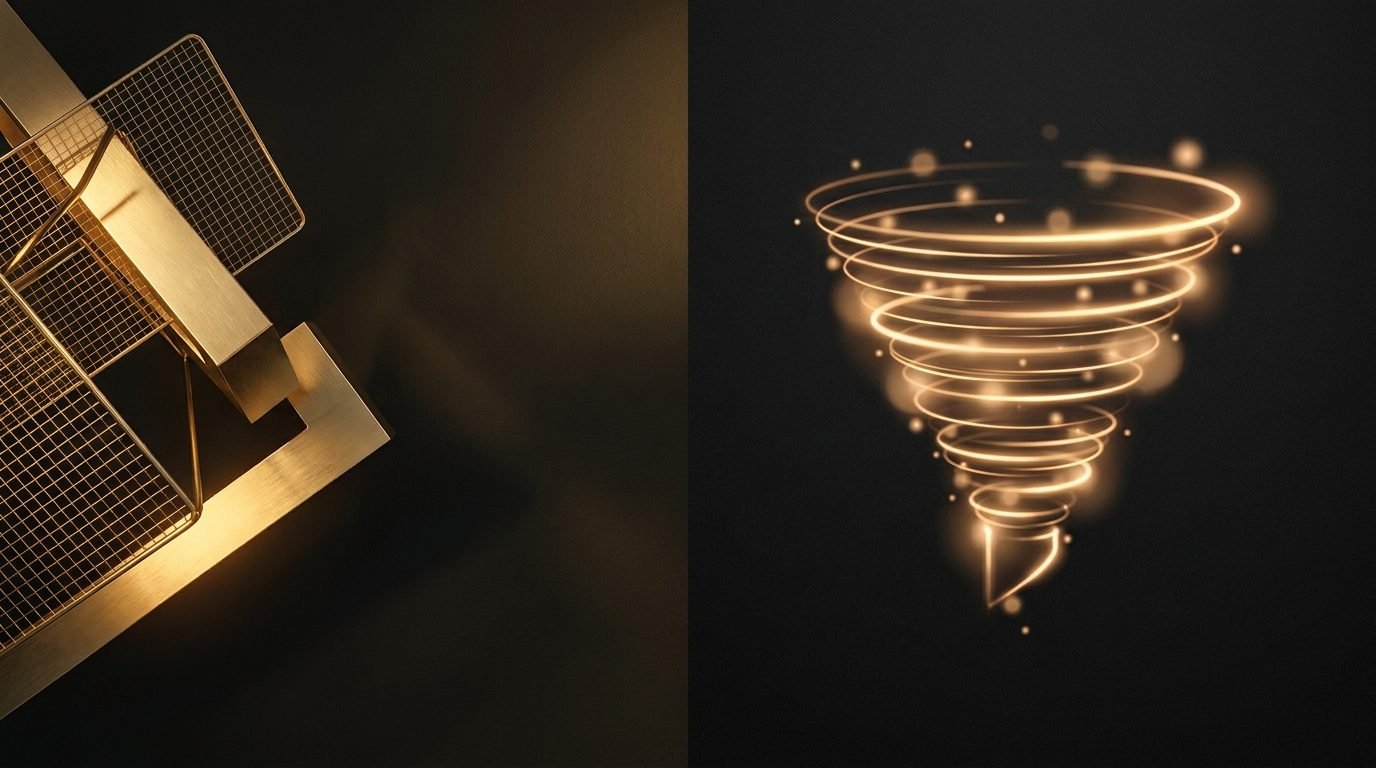 Editorial concept image split between golden brand mark shapes and a glowing sales funnel