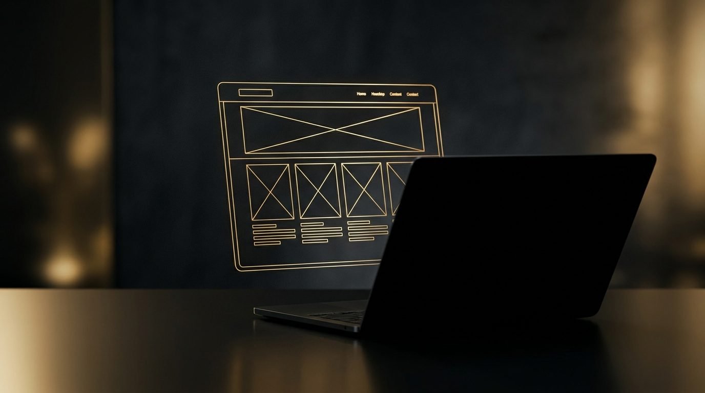 Editorial concept image of a glowing golden website wireframe layout above a laptop silhouette