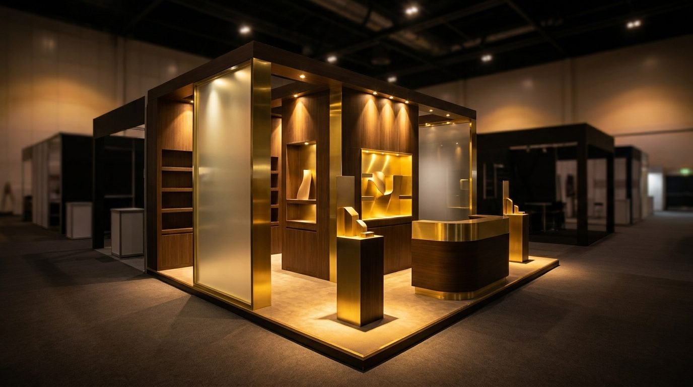 Editorial photo of a modern exhibition trade show booth with dramatic warm gold lighting
