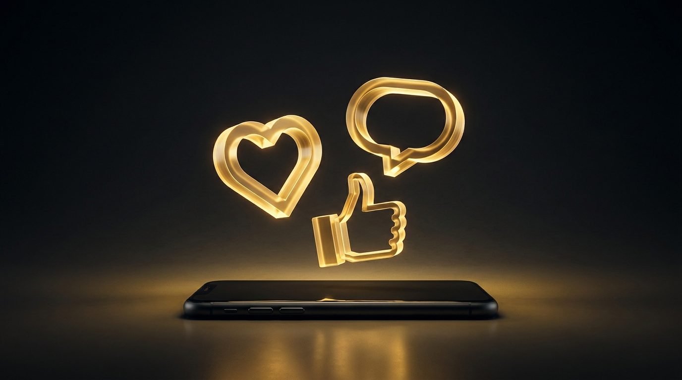 Editorial concept image of golden social media engagement icons above a smartphone silhouette