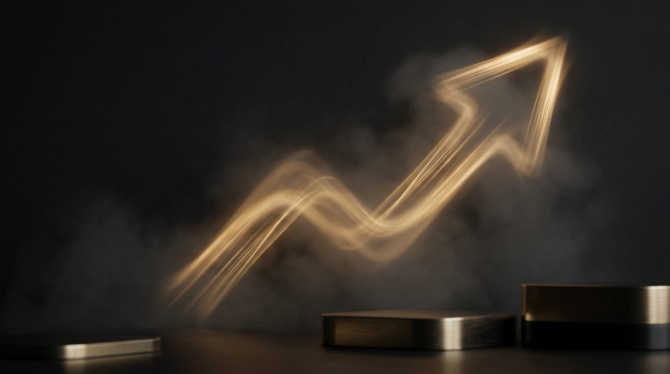 Editorial concept image of a golden upward growth arrow symbolizing customer and sales growth