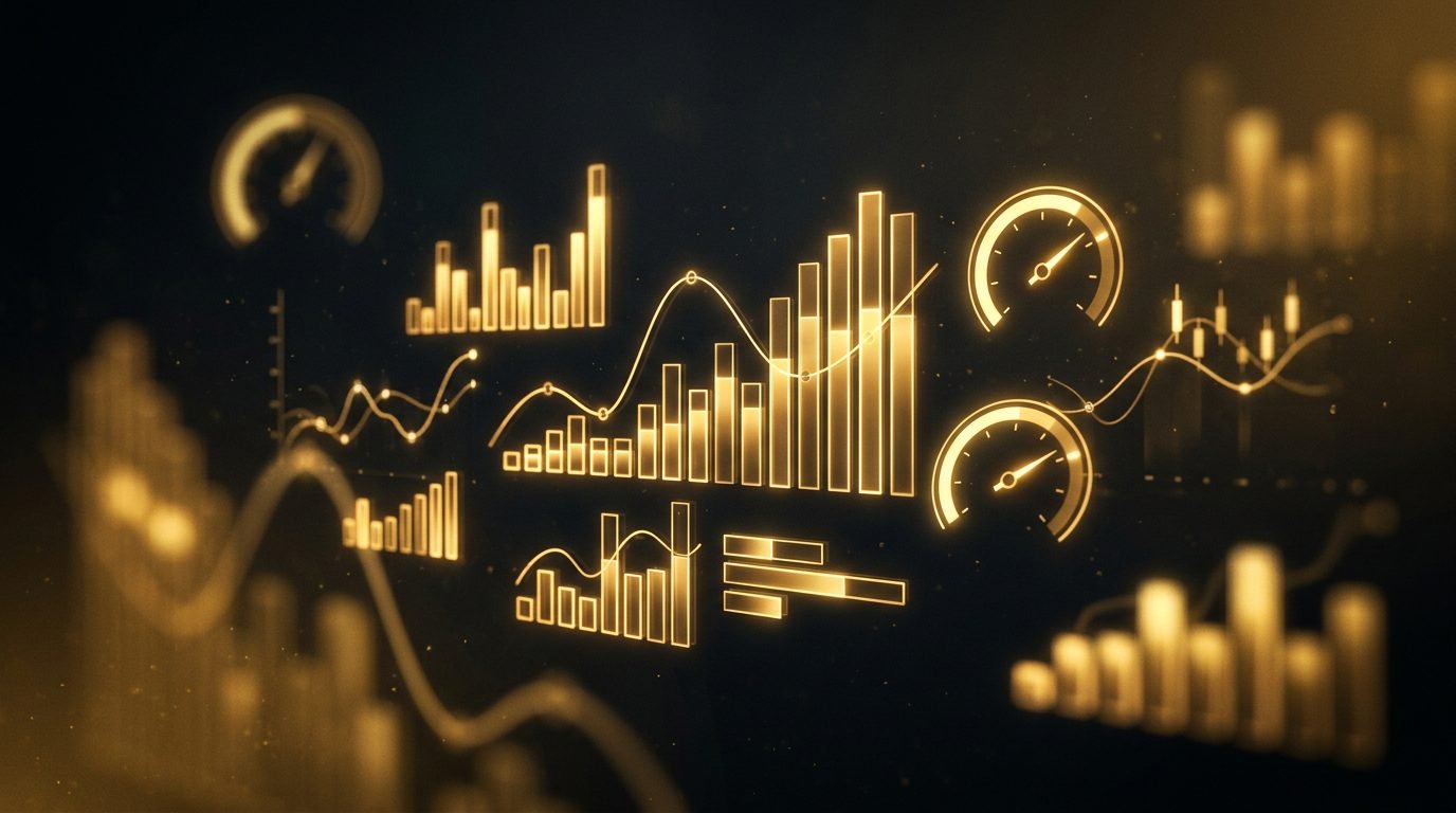 مفهوم تصميمي للوحة تحكم تحليلية بمخططات وعدادات أداء ذهبية