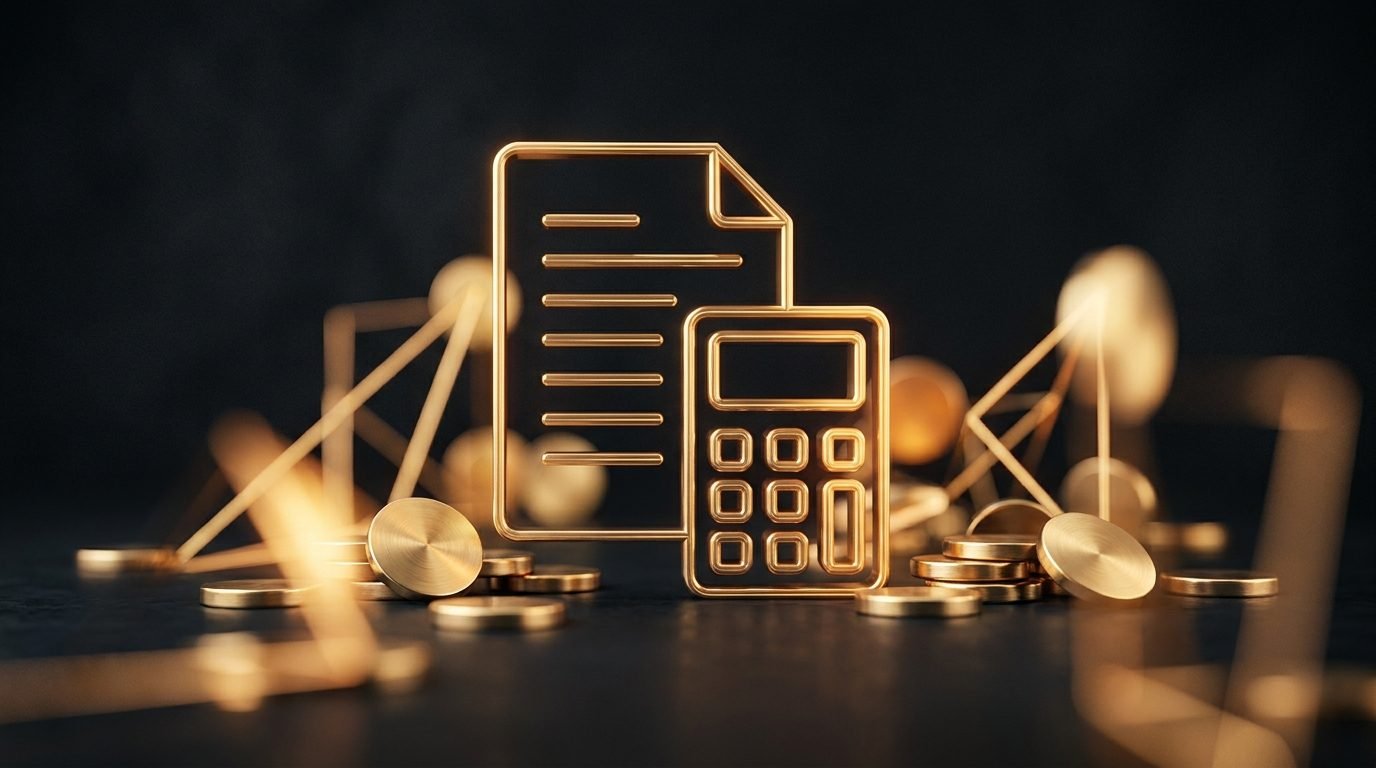 مفهوم تصميمي لفاتورة وآلة حاسبة ذهبية يرمز لتكلفة التسويق