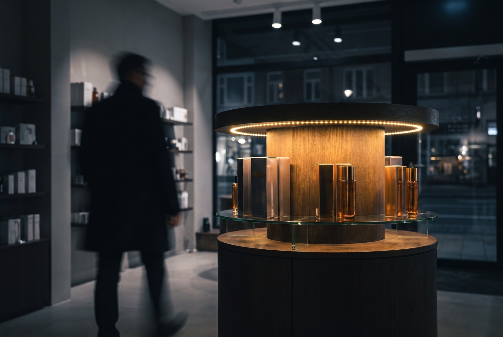 A dramatically lit product display island in a premium retail store at night, with a shopper browsing in the background, representing an in-store brand activation moment