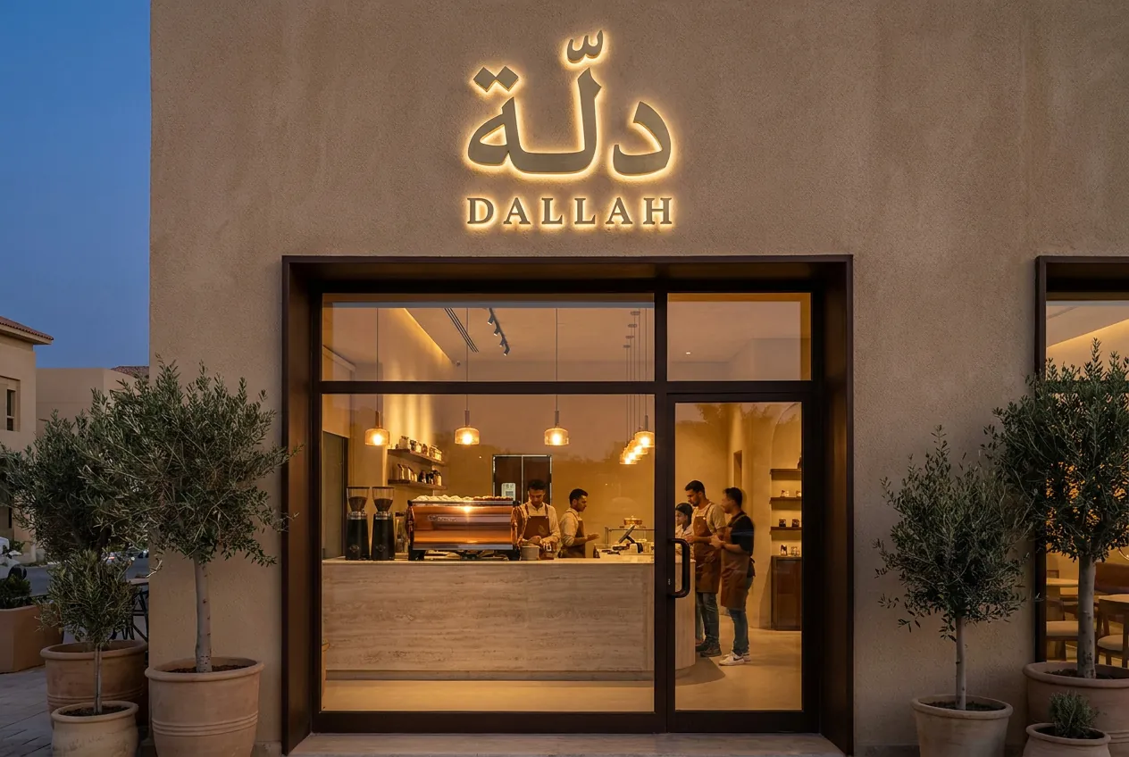 DALLAH concept café counter with brass halo logo