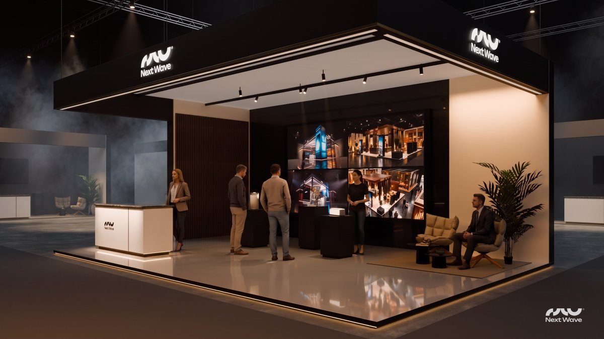 The Next Wave booth concept seen from the aisle